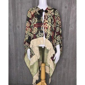 Oversized poncho floal scroll design fringe sweatshirt sweater xs